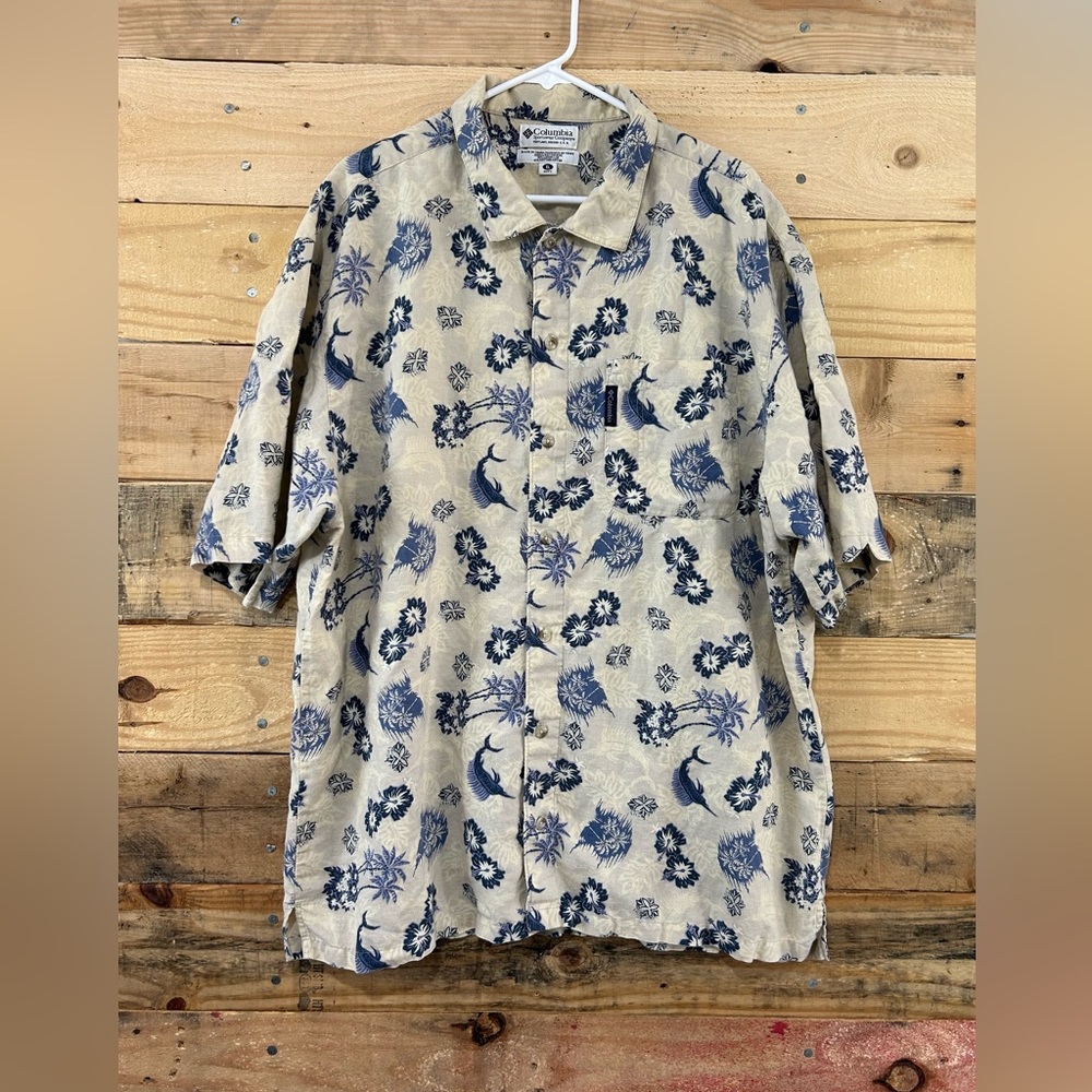 Columbia Aloha Shirt Mens XL Short Sleeve Linen Blend Button Up Hawaiian